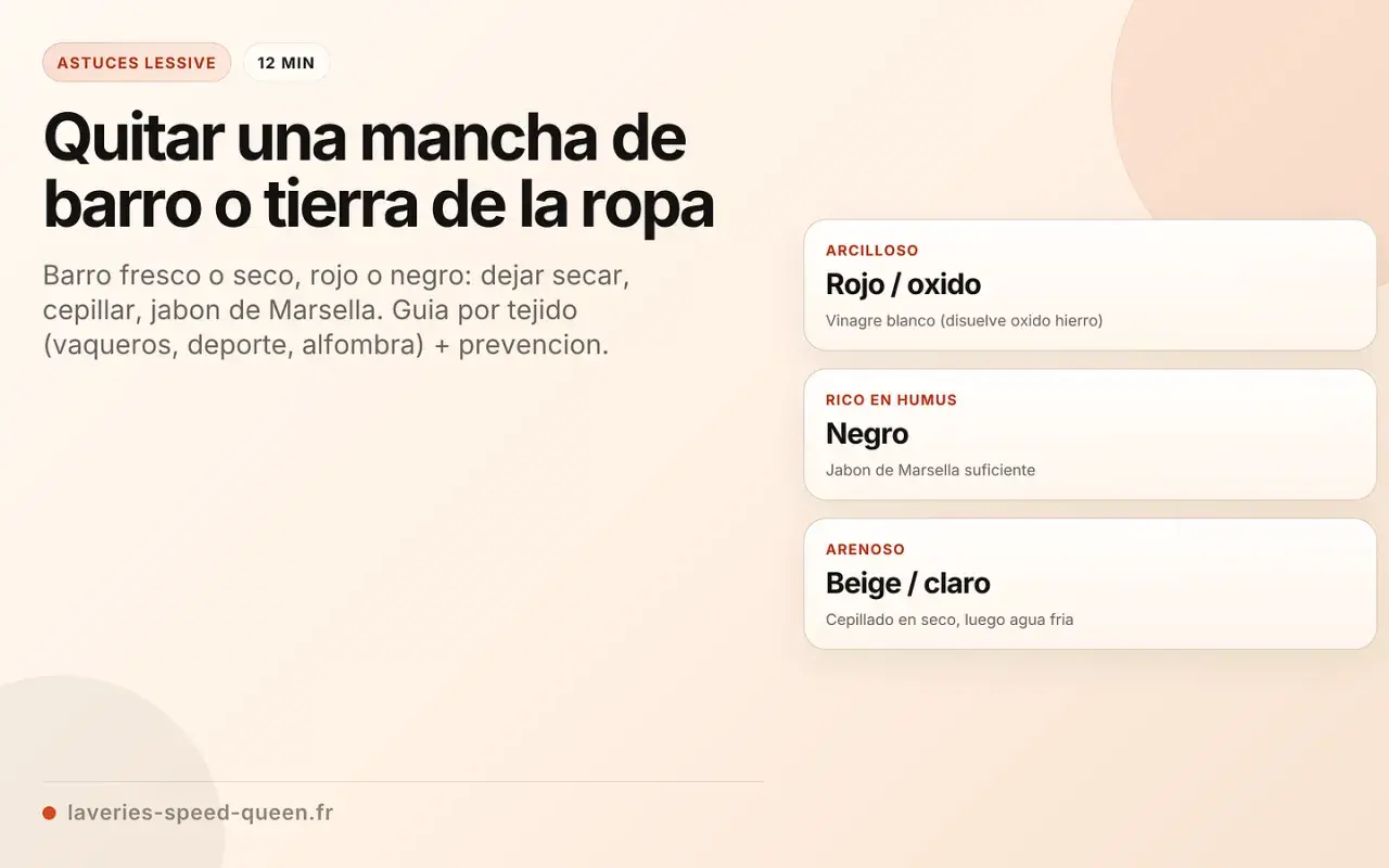 Guía para quitar manchas de barro o tierra de la ropa. Incluye consejos para barro rojo/óxido, negro y beige/claro, con métodos como cepillar y usar jabón de Marsella.