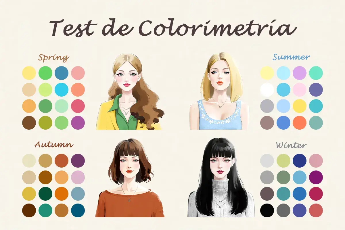 Test de colorimetría: cuatro estilos de mujer (Primavera, Verano, Otoño, Invierno) con paletas de colores asociadas. La mujer de verano luce un vestido azul claro.