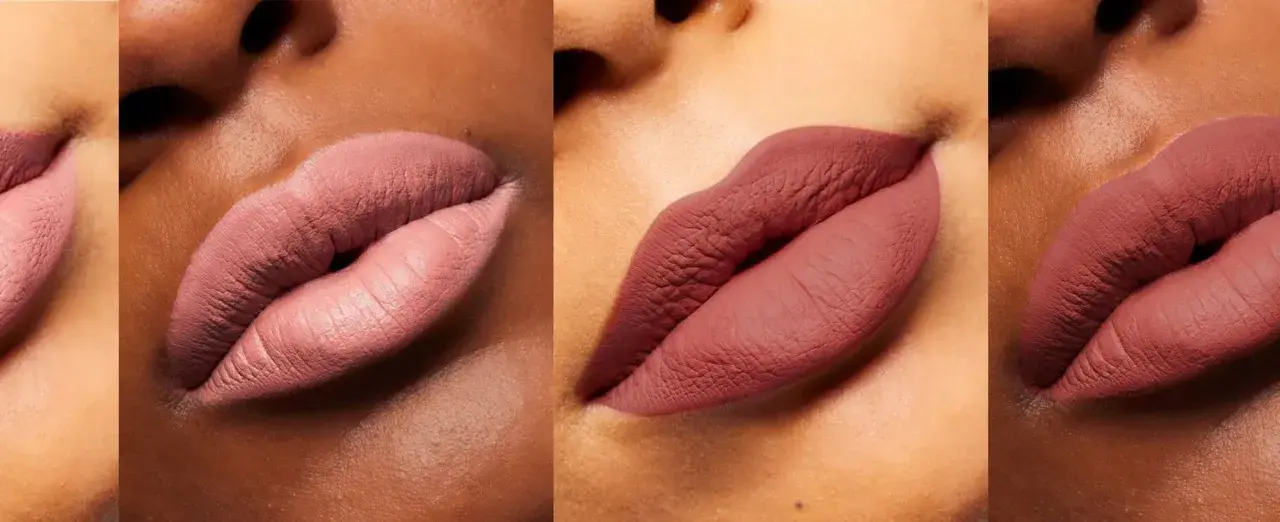 Labios con acabado mate en tonos rosados y un vibrante color granate.