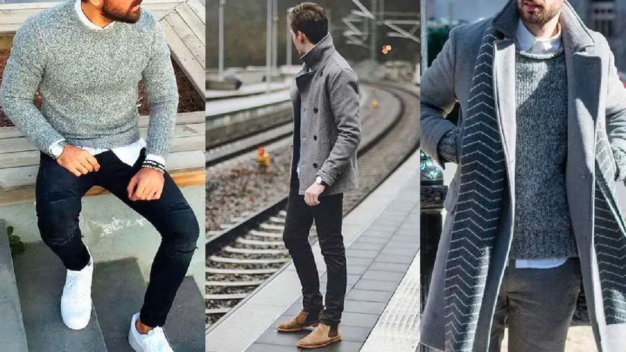 Tres hombres con atuendos grises y negros, mostrando cómo los colores que combinan con el gris crean looks elegantes y modernos.