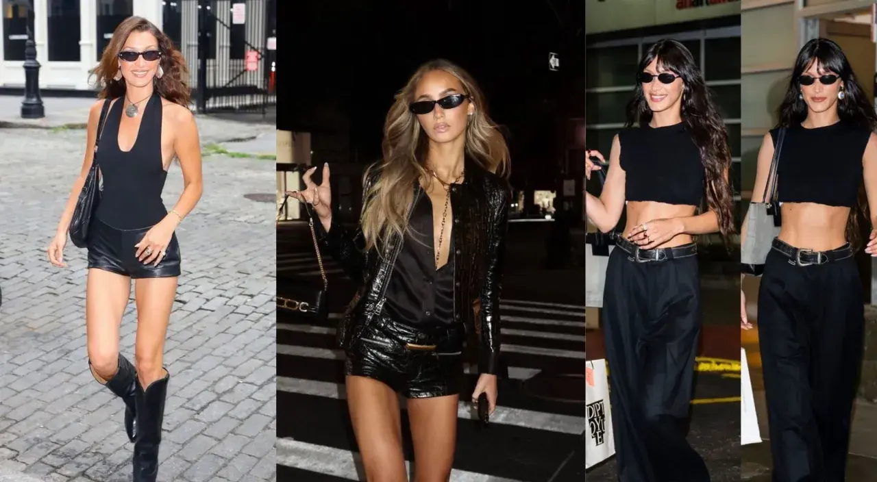 Tres mujeres con atuendos negros, una con botas de cuero y shorts, otra con chaqueta brillante y shorts, y la tercera con top corto y pantalones anchos, evocan un estilo glam rock.