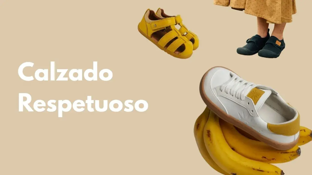 Calzado respetuoso que es cómodo y natural, como un paseo por el campo. Sandalias amarillas, zapatillas oscuras y deportivas blancas sobre plátanos.