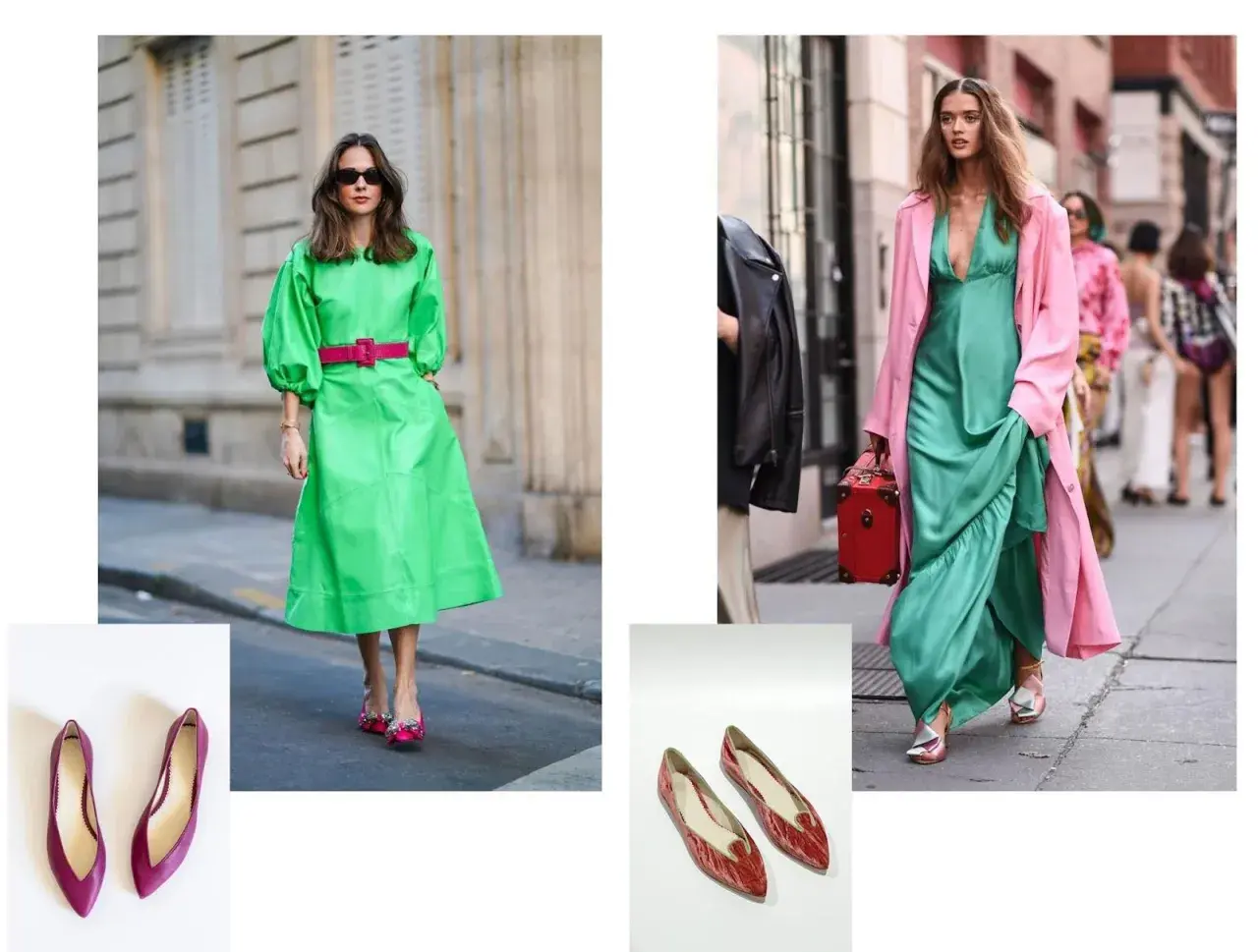 Combinaciones complementos para vestido verde: zapatos fucsia y morados, bolso rojo y abrigo rosa.