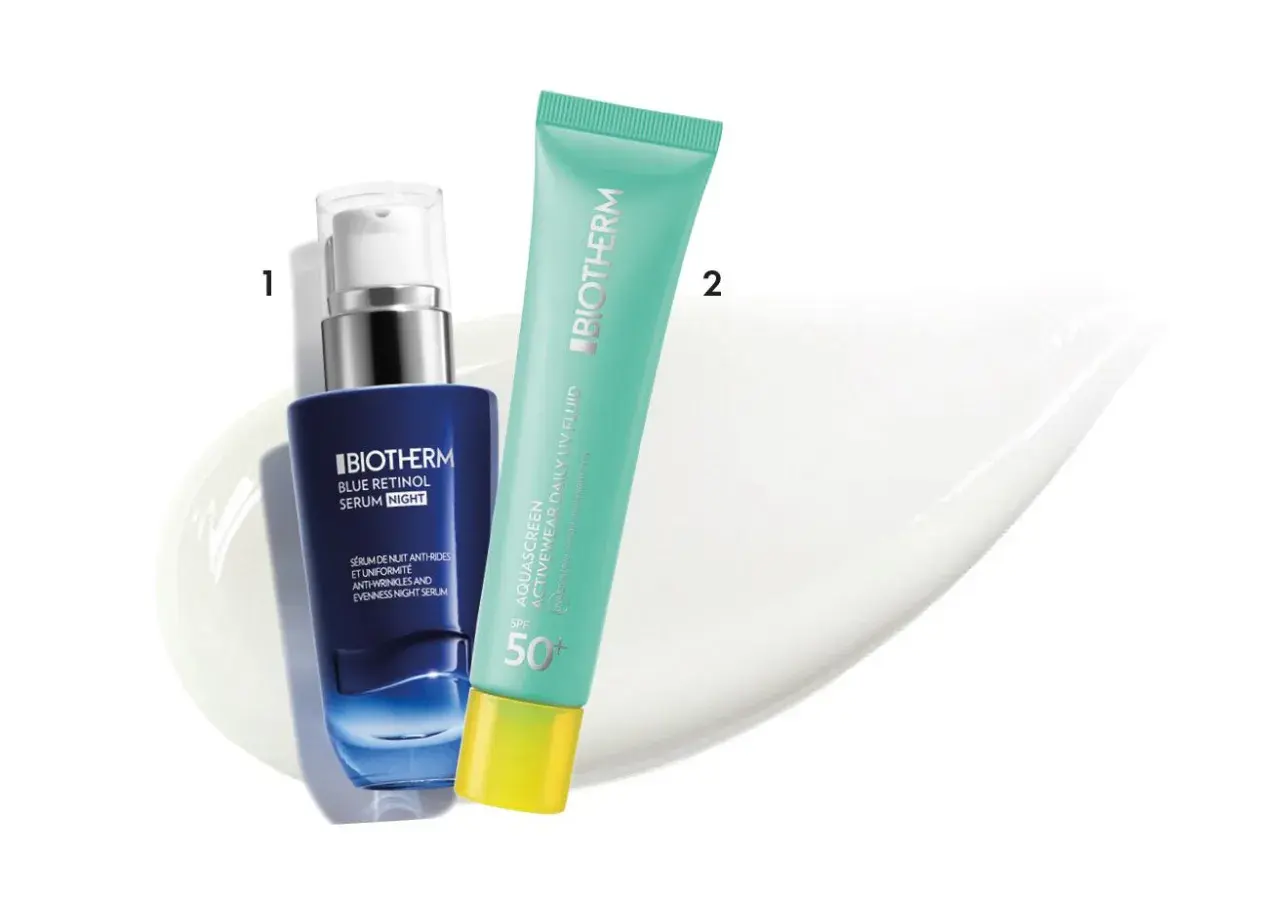 Rutina de noche: serum azul retinol Biotherm y protector solar SPF 50. Descubre cómo aplicar retinol para una piel radiante.
