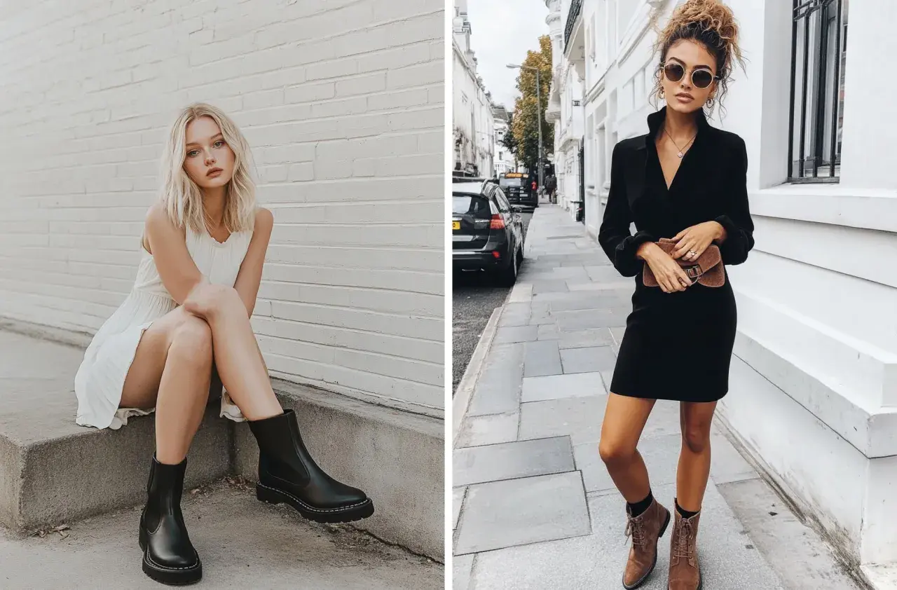 Mujer con vestido blanco y botines negros, y otra con vestido negro y botines marrones.