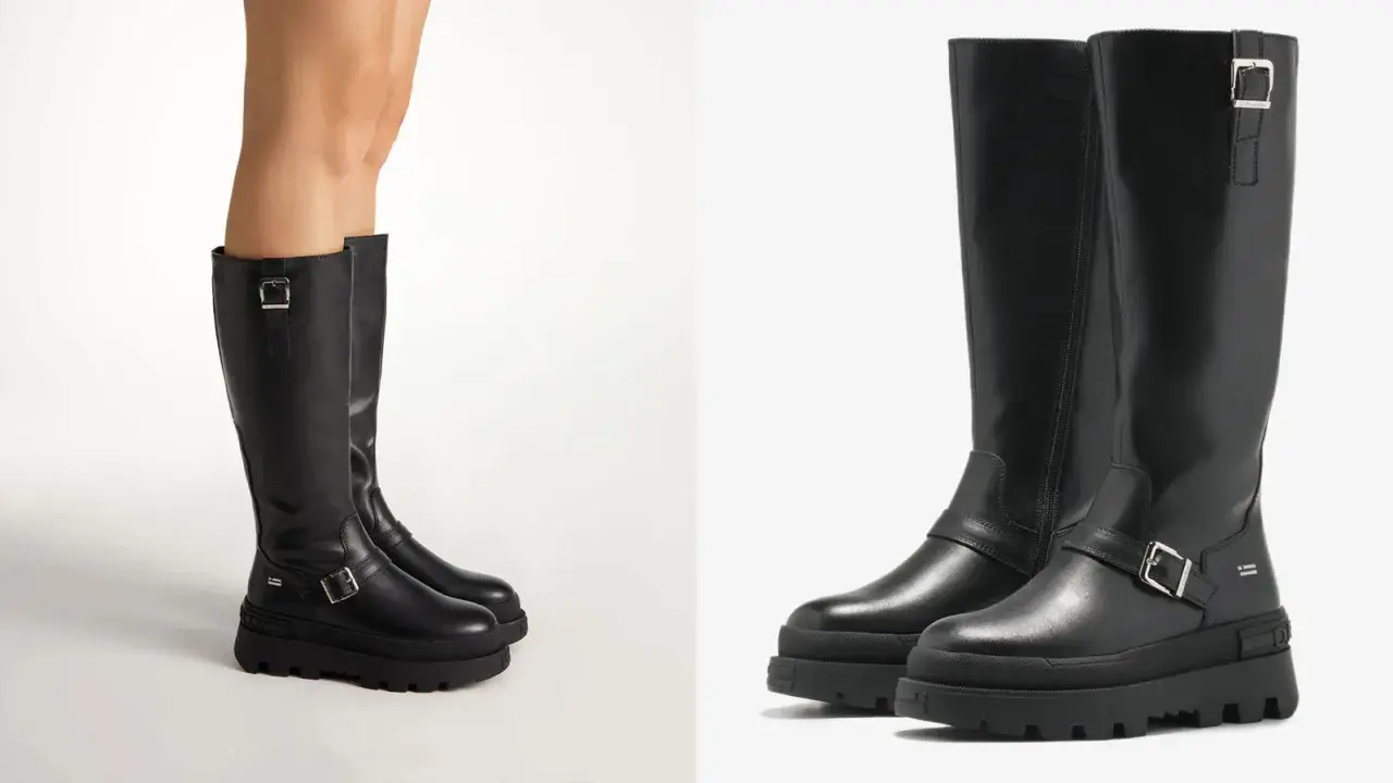 Botas altas negras con hebillas y suela gruesa, vistas de frente y de perfil.