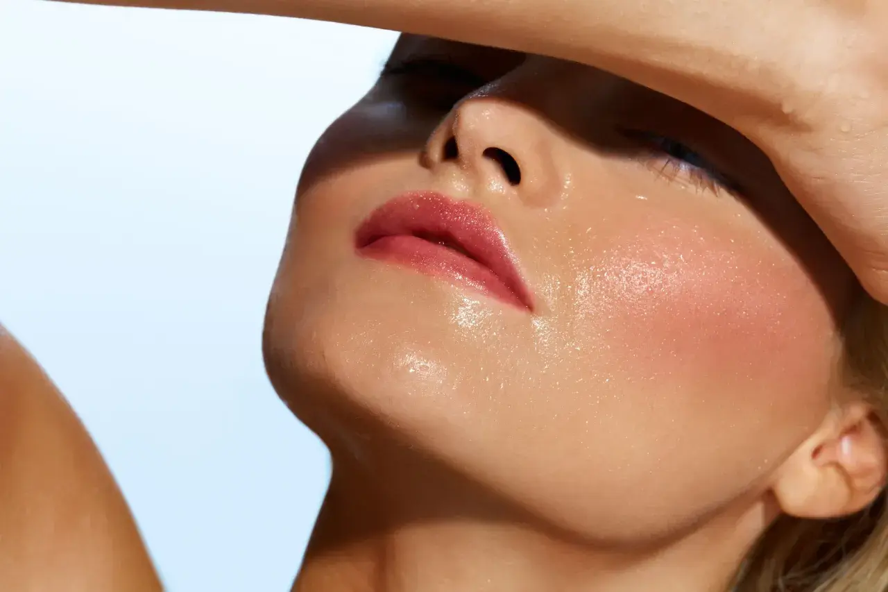 Rostro con piel radiante y húmeda, labios rosados y brillantes. Un toque de rubor y gotas de agua sugieren un tratamiento facial revitalizante.