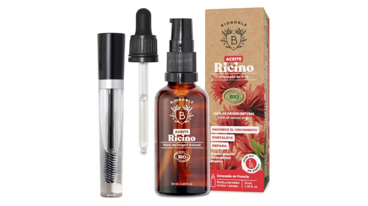 Kit para el cuidado del cabello: aceite de ricino para el pelo en frasco de vidrio con gotero y cepillo aplicador.