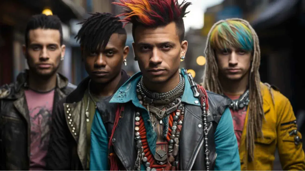 Cuatro jóvenes con peinados llamativos y ropa de estilo punk, incluyendo chaquetas de cuero y collares elaborados, posan juntos.