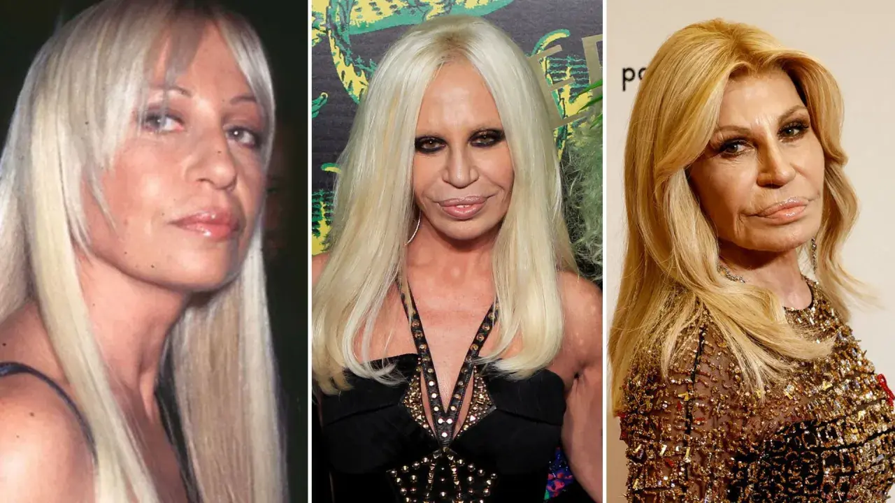 Donatella Versace joven y en diferentes etapas de su vida, mostrando su icónica melena rubia y su evolución de estilo.