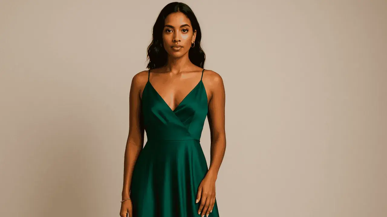 Mujer con vestido verde esmeralda, mostrando diferentes tipos de verde en la tela satinada.