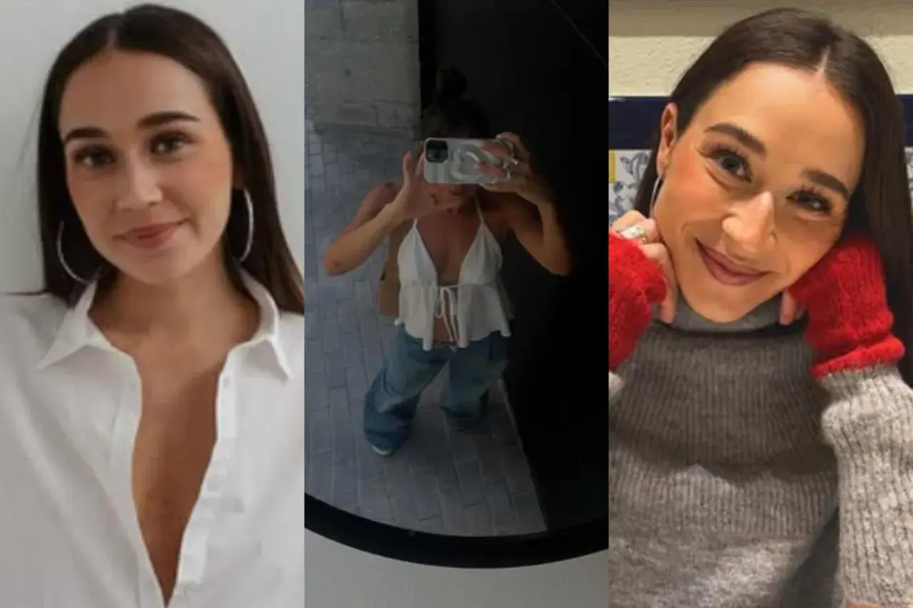 Olga Ríos en tres momentos: sonriendo con camisa blanca, selfie en espejo con top blanco y jeans, y con suéter gris y guantes rojos.