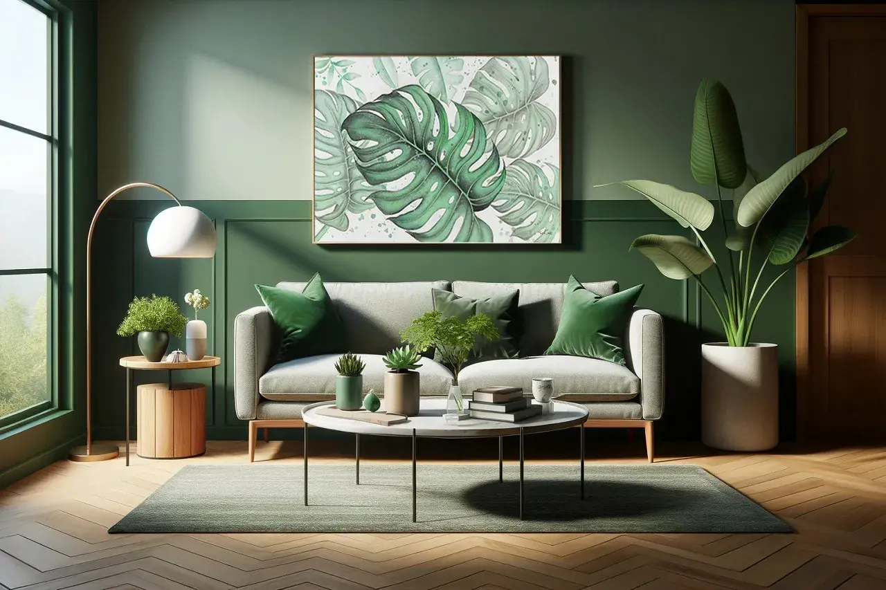 Sofá gris y cojines verdes crean un ambiente sereno. El arte de hojas tropicales y plantas vivas realzan la combinación de verde y gris.