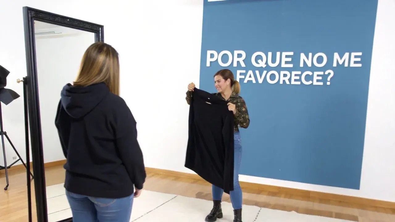 Una mujer sonríe mientras sostiene una prenda en tonos de negro frente a otra mujer que mira en un espejo.