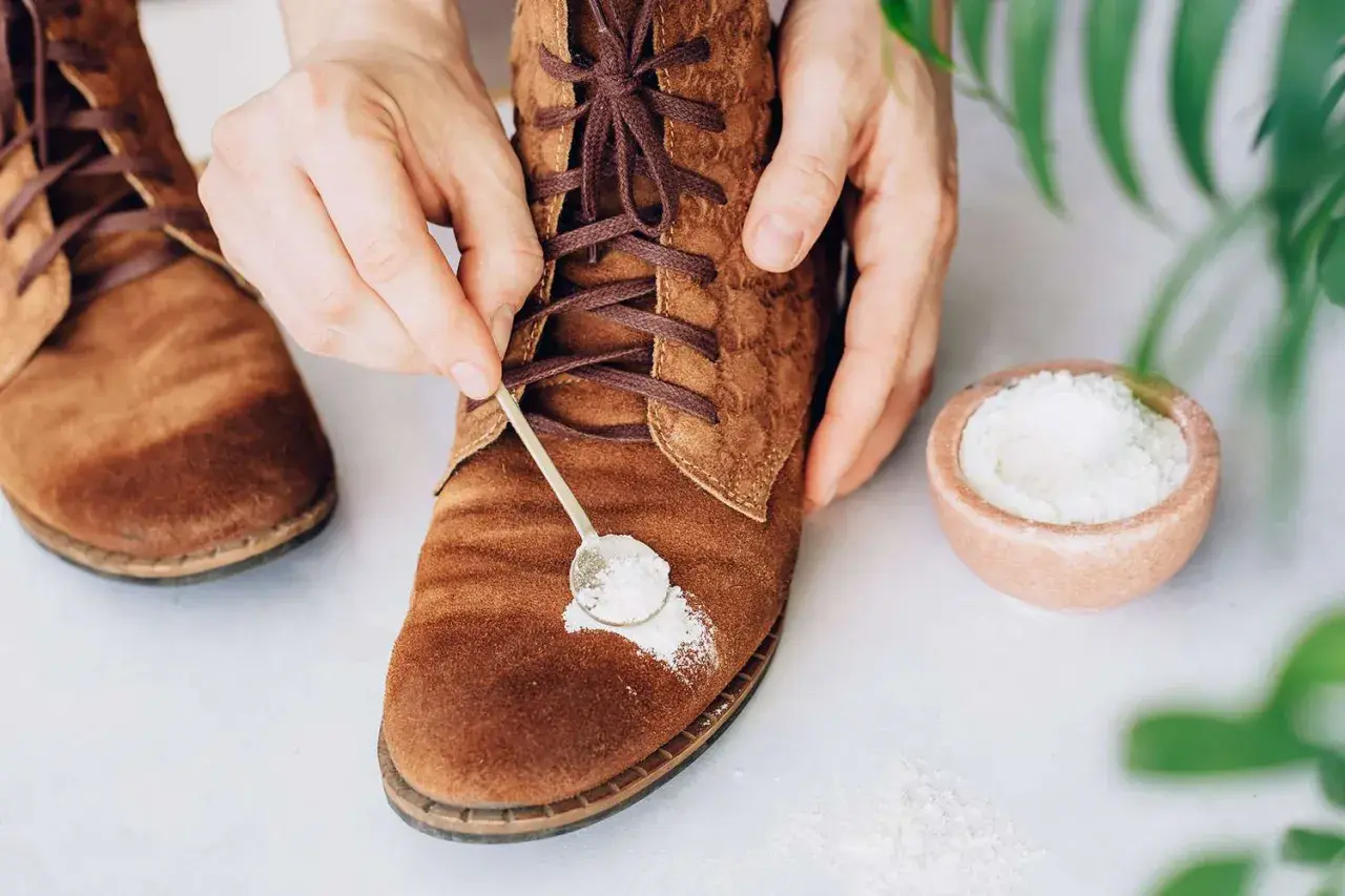 Manos aplicando polvo blanco con una cuchara sobre un zapato de gamuza marrón.