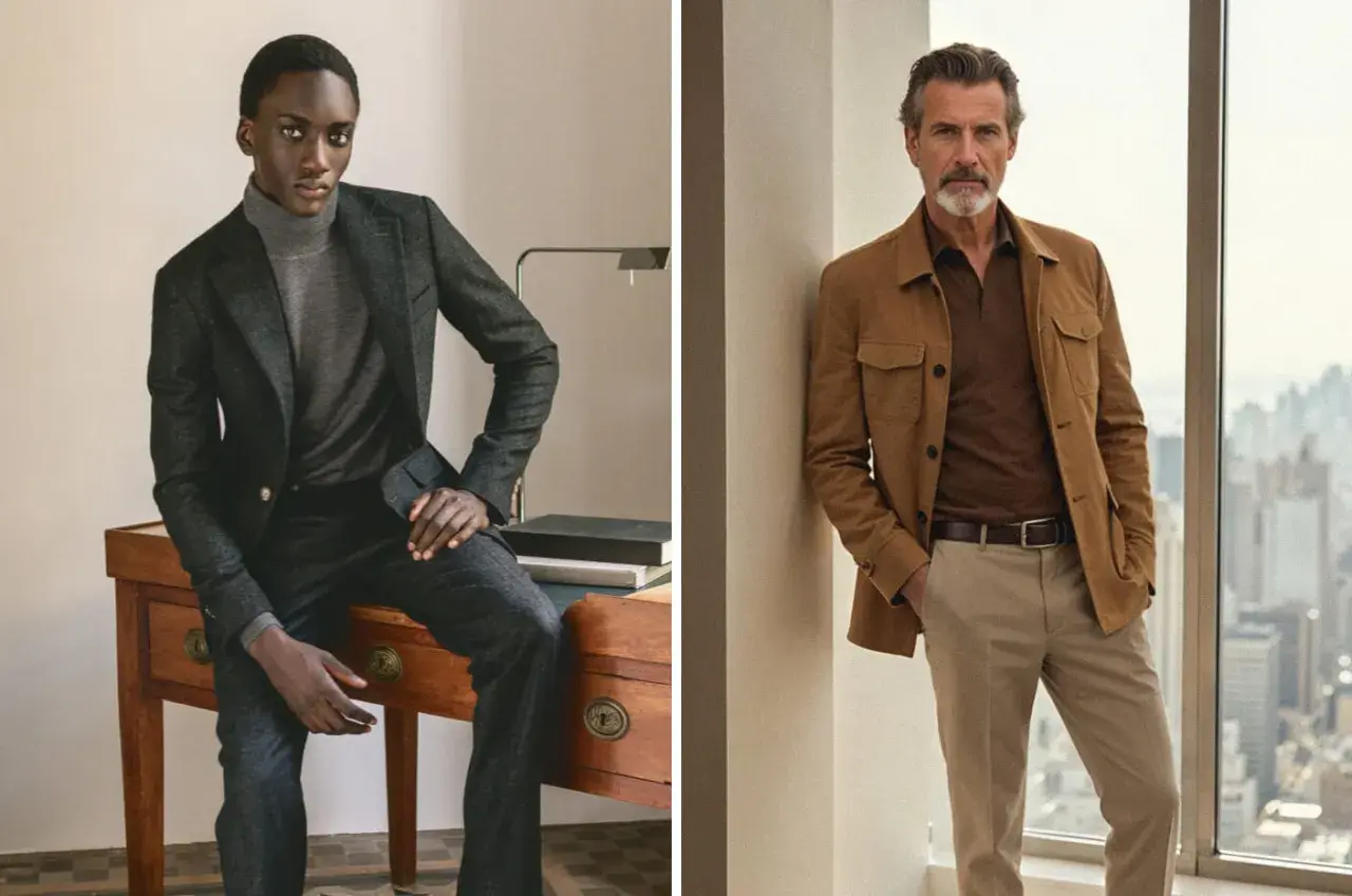 Dos hombres lucen estilos business casual: uno con traje gris y cuello alto, el otro con chaqueta marrón y polo.