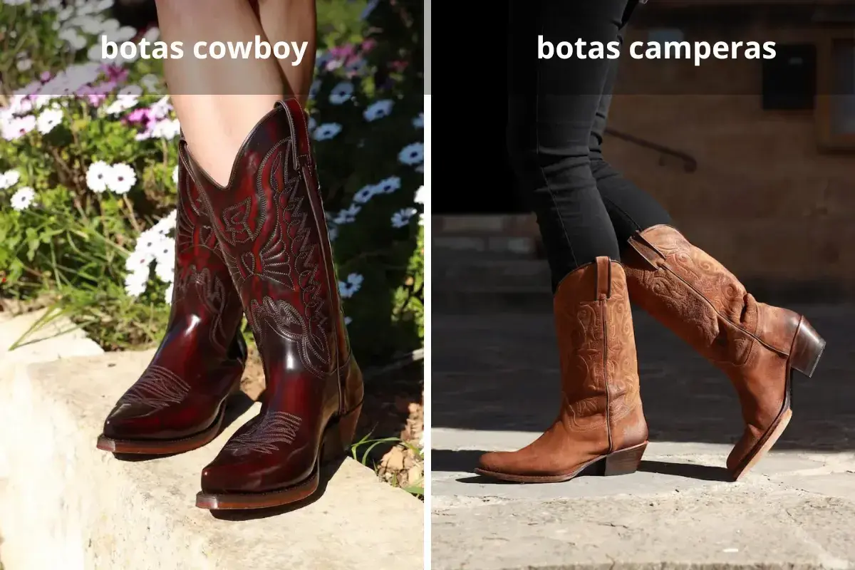 Diferencia entre botas y botines: botas cowboy rojas y brillantes junto a botas camperas marrones de ante.