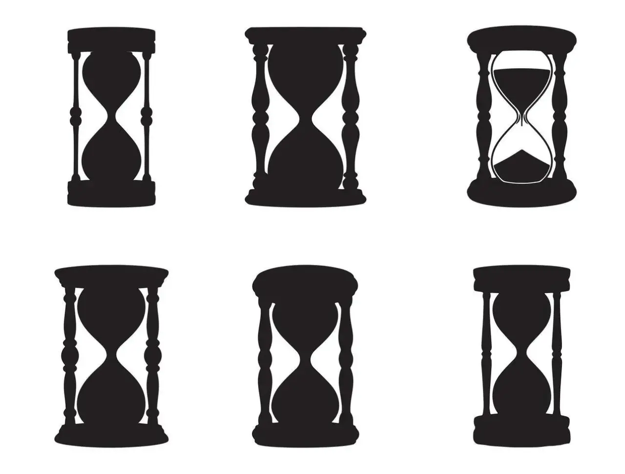 Seis siluetas de relojes de arena, algunos con arena cayendo, evocan el paso del tiempo y la forma de un cuerpo reloj de arena.