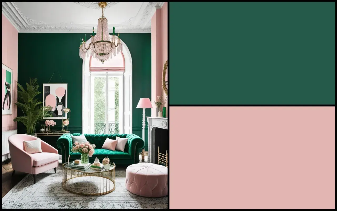 Elegante salón con sofá verde esmeralda, sillón rosa y detalles dorados. Los colores que combinan con verde esmeralda, como el rosa pálido, crean un ambiente sofisticado.