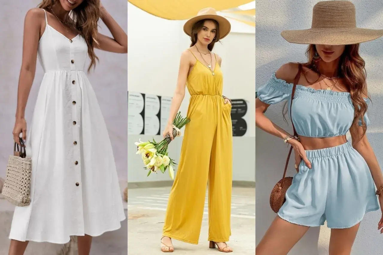 Tres looks de outfits verano mujer: vestido blanco, mono amarillo y conjunto azul.
