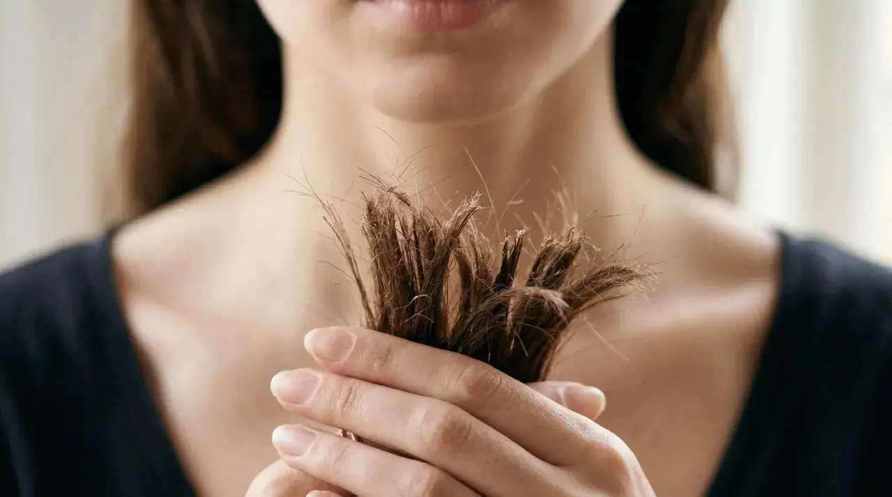Mano sosteniendo mechón de pelo seco y rebelde. Descubre cómo quitar el frizz del pelo para un acabado suave y sedoso.