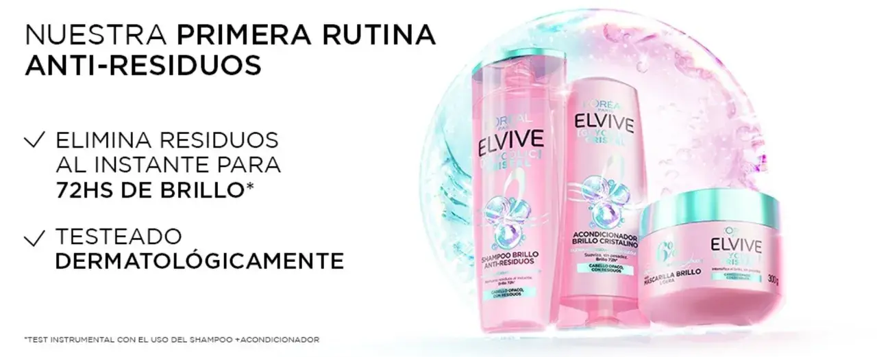 Rutina anti-residuos Elvive para un pelo brillante por 72 horas. Champú, acondicionador y mascarilla.