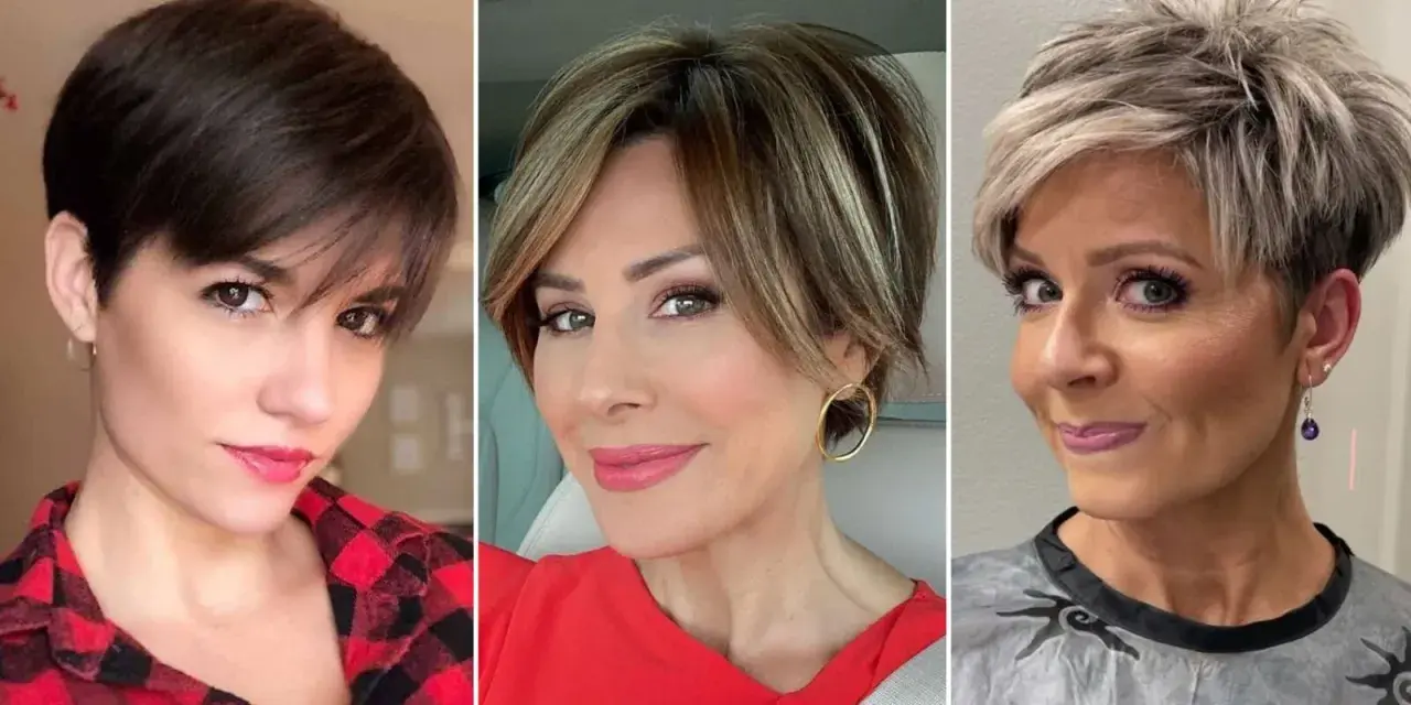 Tres mujeres con un moderno corte pixie. La primera, con pelo oscuro y flequillo. La segunda, con mechas rubias y volumen. La tercera, con un rubio desgastado y capas.