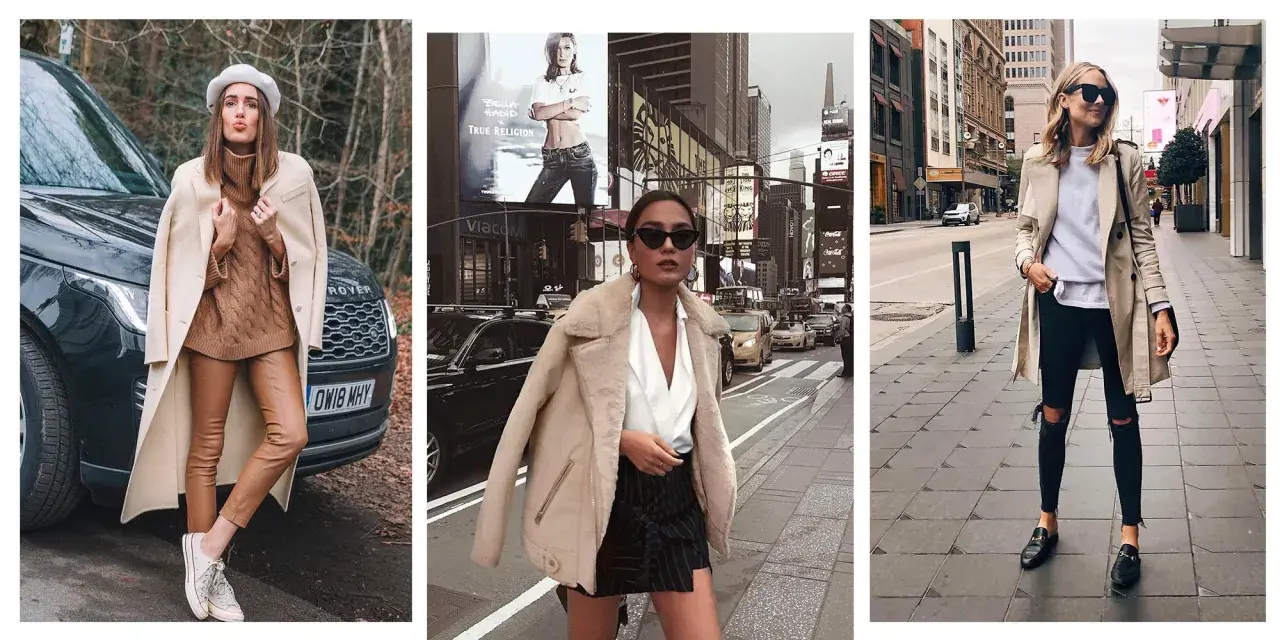 Tres mujeres con looks casuales y elegantes. Una posa junto a un coche, otra en Times Square y la tercera en una calle urbana.