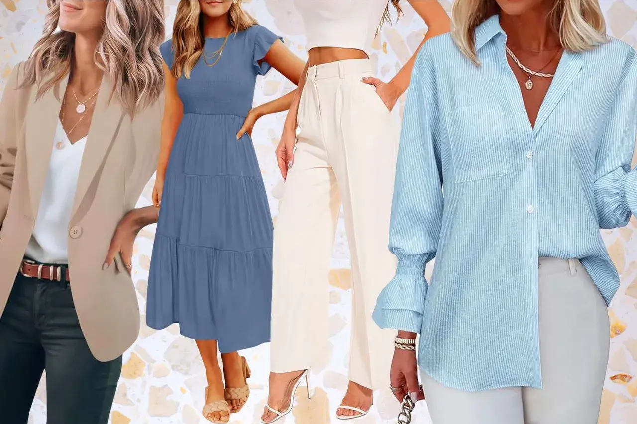 Conjunto de mujer con blazer beige, vestido azul, pantalones crema y camisa a rayas celestes. Ideal para un dress code business casual mujer.