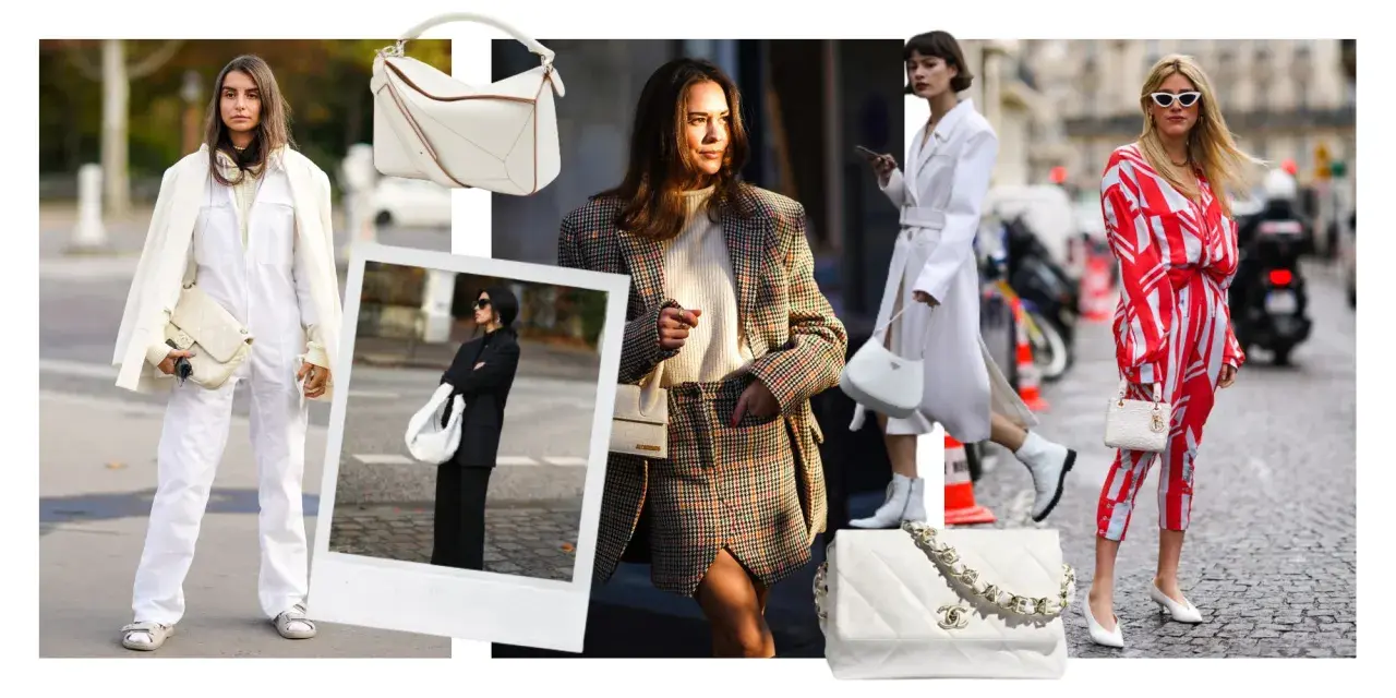 Estilos de moda callejera con un bolso blanco como accesorio clave. Looks que combinan bolso blanco con trajes, vestidos y conjuntos.