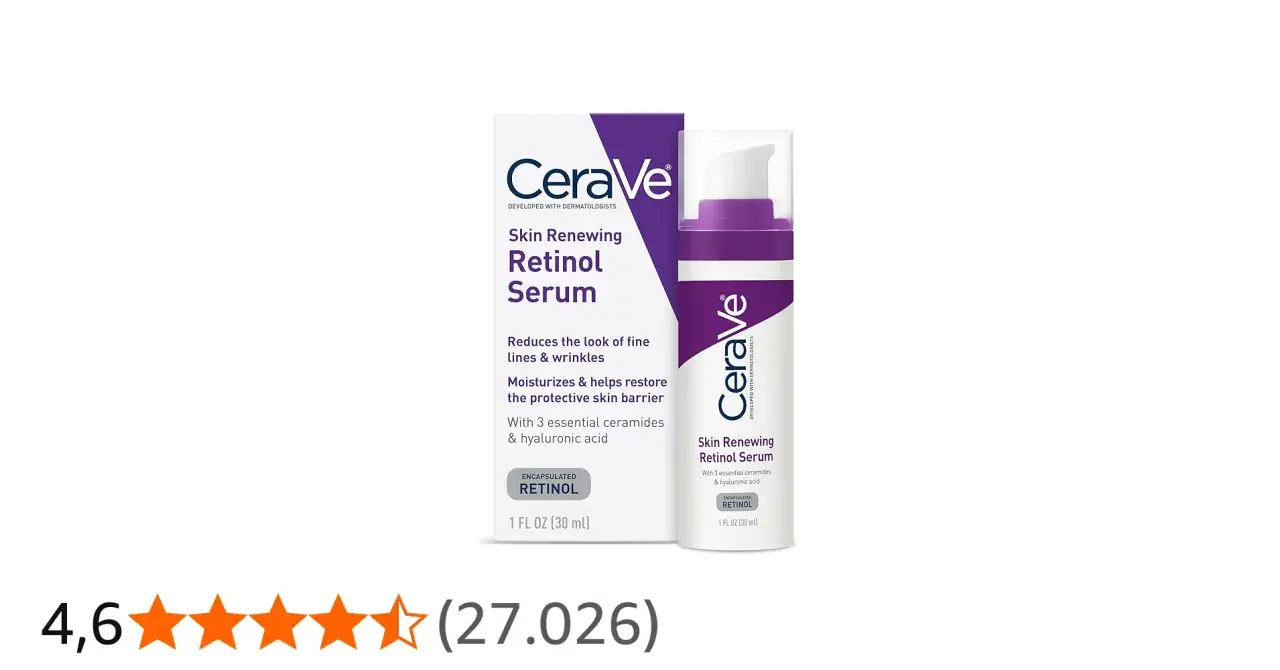 Sérum renovador con retinol de CeraVe, ideal para reducir líneas finas. El porcentaje de retinol encapsulado es clave para su eficacia.