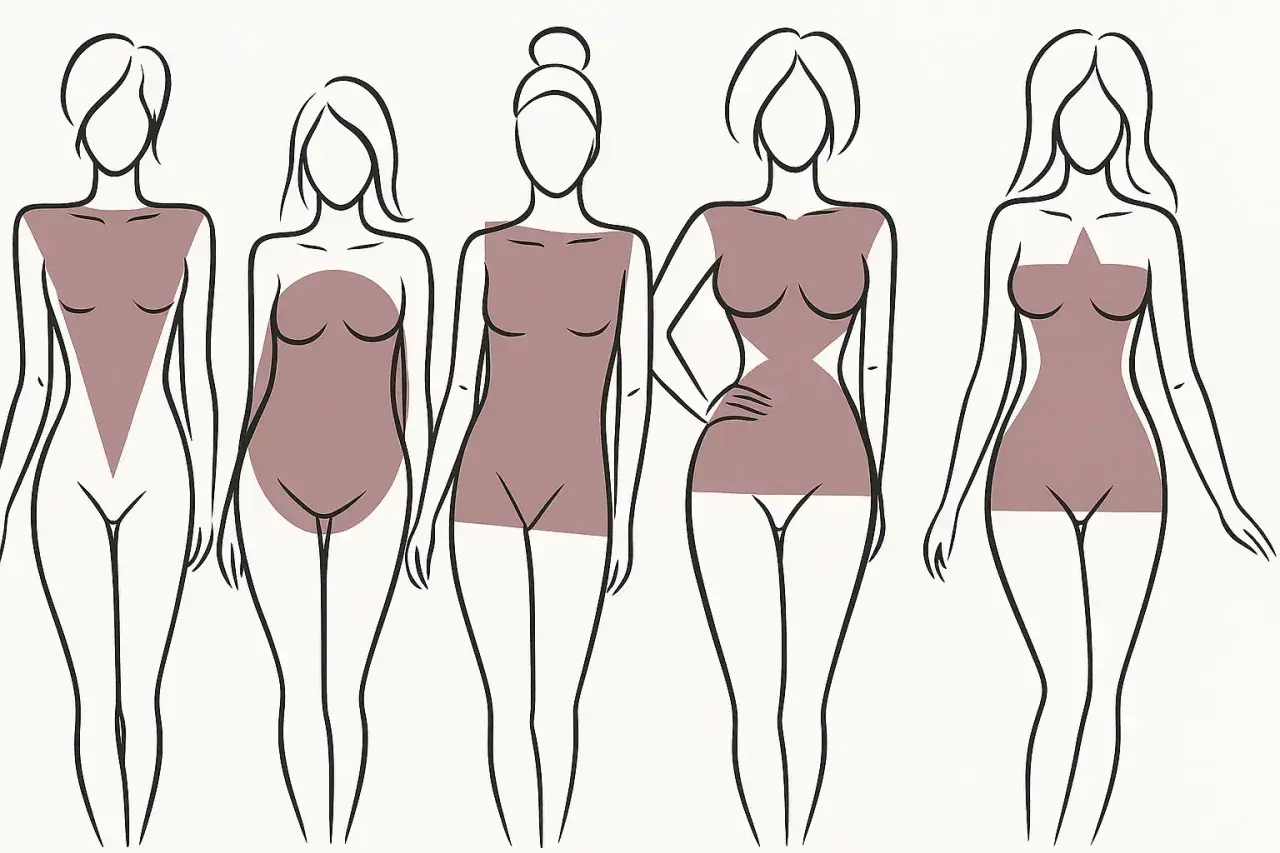 Ilustración de cinco siluetas femeninas que muestran diferentes tipos de piernas mujer y formas corporales: triángulo invertido, óvalo, rectángulo, reloj de arena y triángulo.