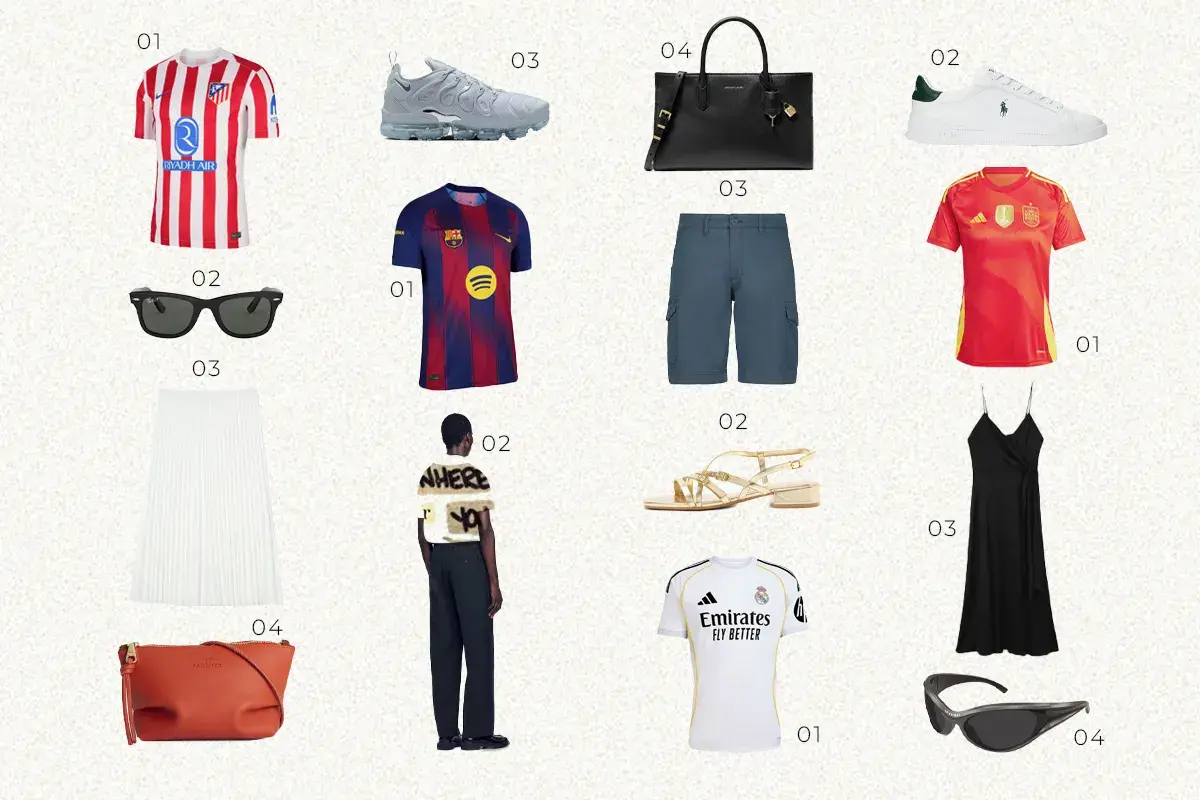 Estilo blokecore: camisetas de fútbol, zapatillas deportivas, bolso negro, falda blanca plisada, sandalias doradas y un vestido negro.