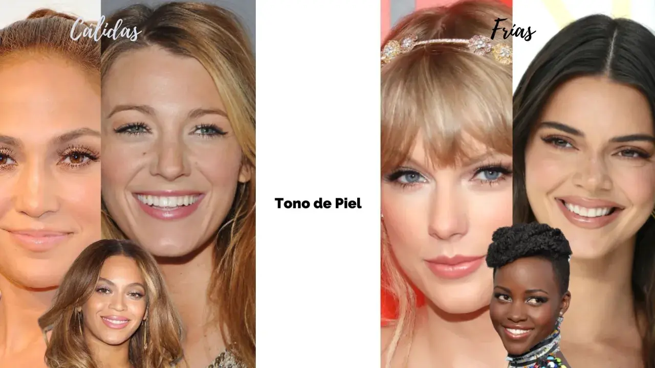 Comparativa de tonos de piel y colorimetría pelo: "Cálidas" (Jennifer Lopez, Blake Lively, Beyoncé) vs. "Frías" (Taylor Swift, Kendall Jenner, Lupita Nyong'o).