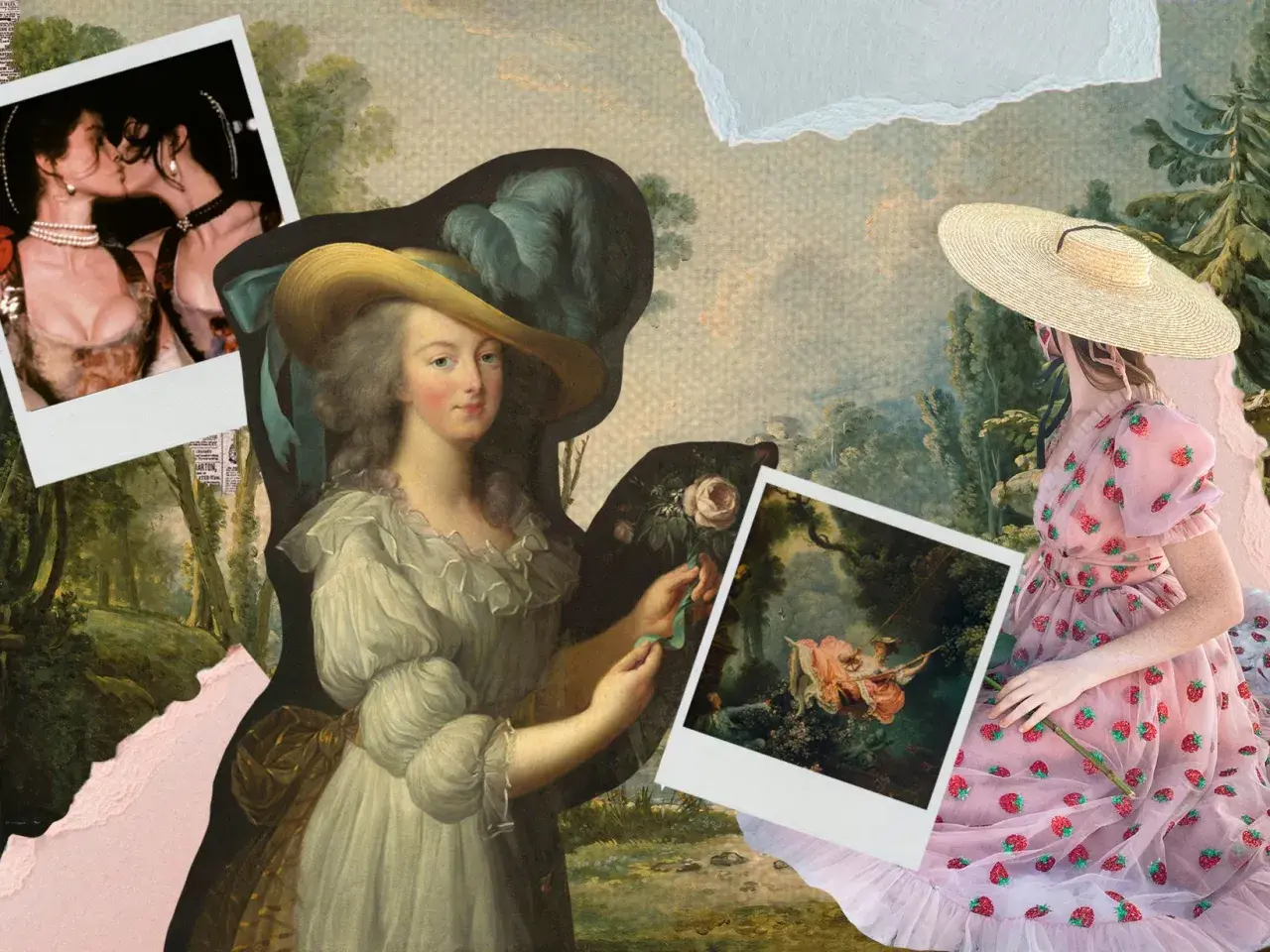 Collage con estética estilo cottagecore: retratos antiguos, un cuadro de una mujer en un columpio y una mujer con vestido de fresas.