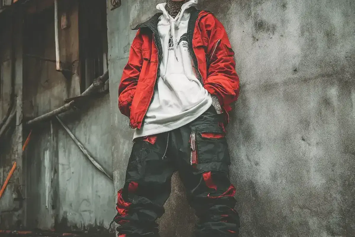 Persona con estilo urbano, chaqueta roja, sudadera blanca y pantalones cargo negros con detalles rojos.