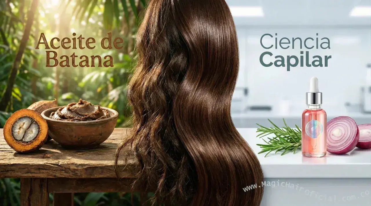Aceite de Batana: un tesoro natural para un cabello radiante. Muestra un antes y después de cabello, con ingredientes como la batana y cebolla.