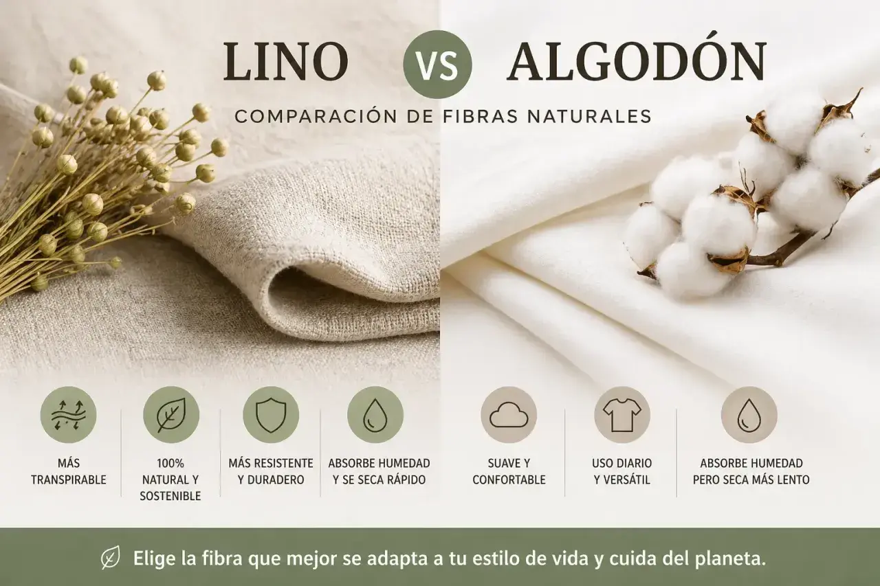 Comparación de tipos de lino y algodón. El lino es transpirable, natural, duradero y de secado rápido. El algodón es suave, cómodo y de secado lento.