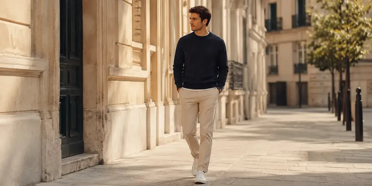 Hombre con jersey azul marino y **pantalón crema** camina por una calle adoquinada con edificios de piedra.