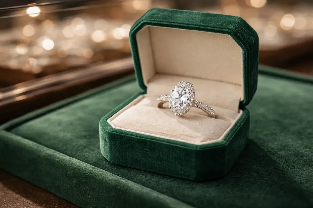 Anillo de compromiso ovalado con diamantes, uno de los tipos de anillo de compromiso más populares, en su caja de terciopelo verde.