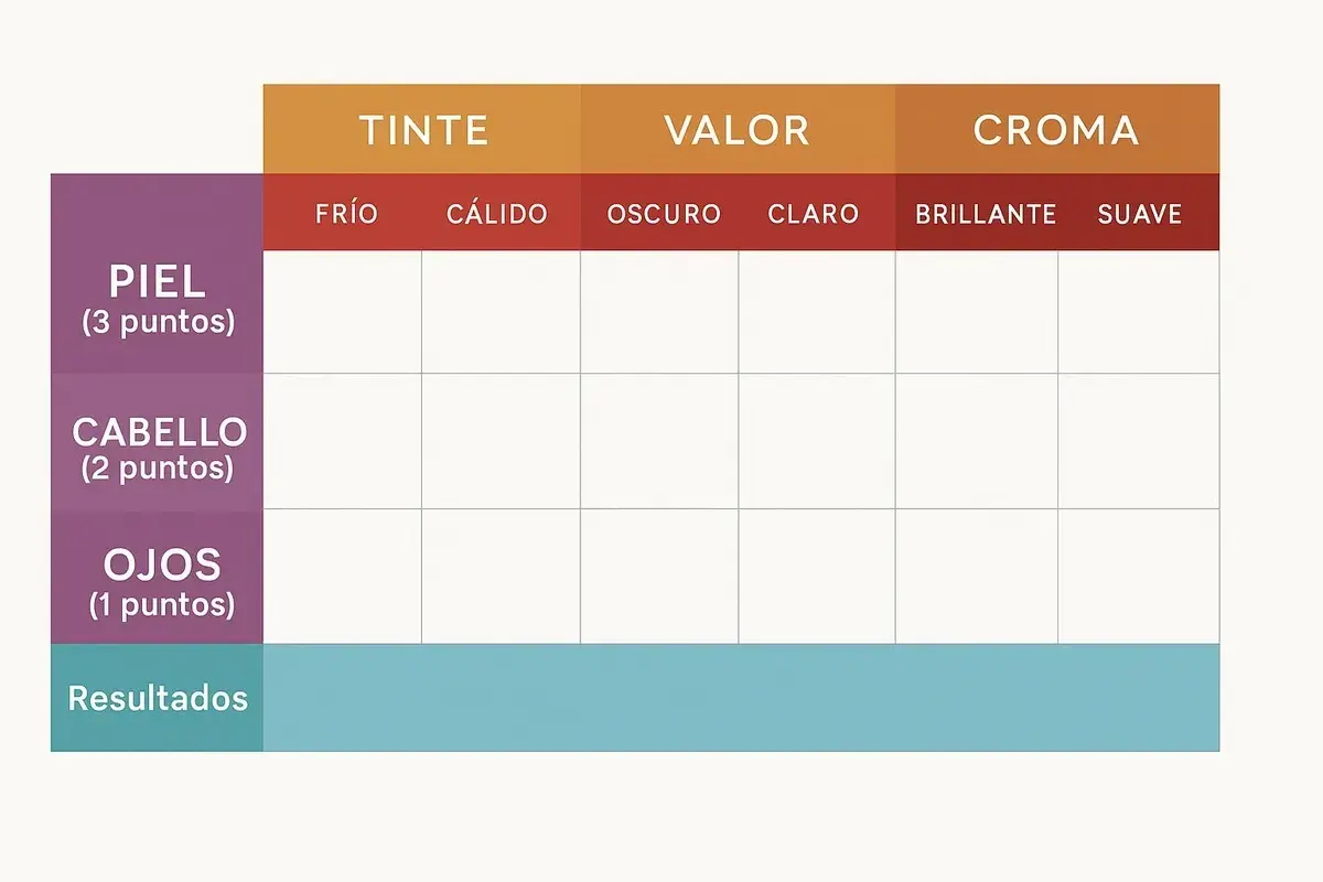 Tabla para análisis de colorimetría: Tinte (frío/cálido), Valor (oscuro/claro), Croma (brillante/suave) para piel, cabello y ojos.