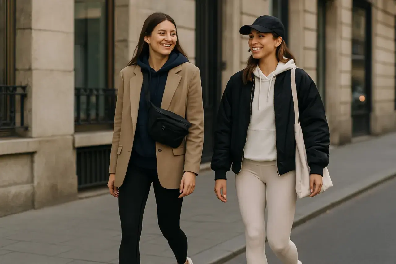 Dos mujeres pasean con estilo athleisure. Una lleva un blazer camel, sudadera azul marino y riñonera. La otra, gorra negra, bomber negra y sudadera crema.