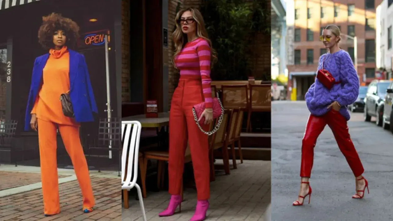 Tres mujeres lucen atuendos vibrantes. Una lleva naranja y azul, otra rosa y rojo, y la tercera morado y rojo. ¡Excelentes combinaciones de colores que combinan con el rosa!