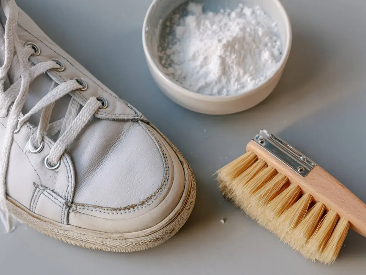 Herramientas para limpiar botines blancos: un zapato, un cepillo y un cuenco con polvo blanco.