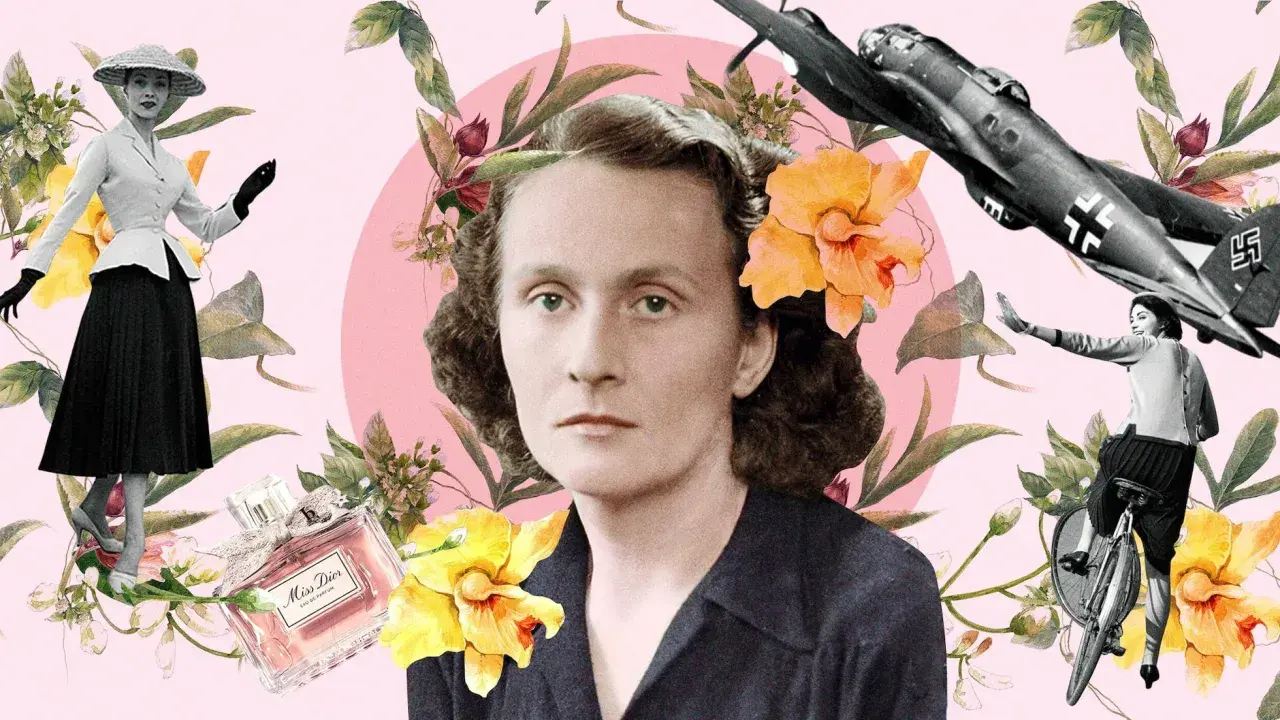 Collage con retrato de Catherine Dior, moda vintage, avión de guerra y flores.