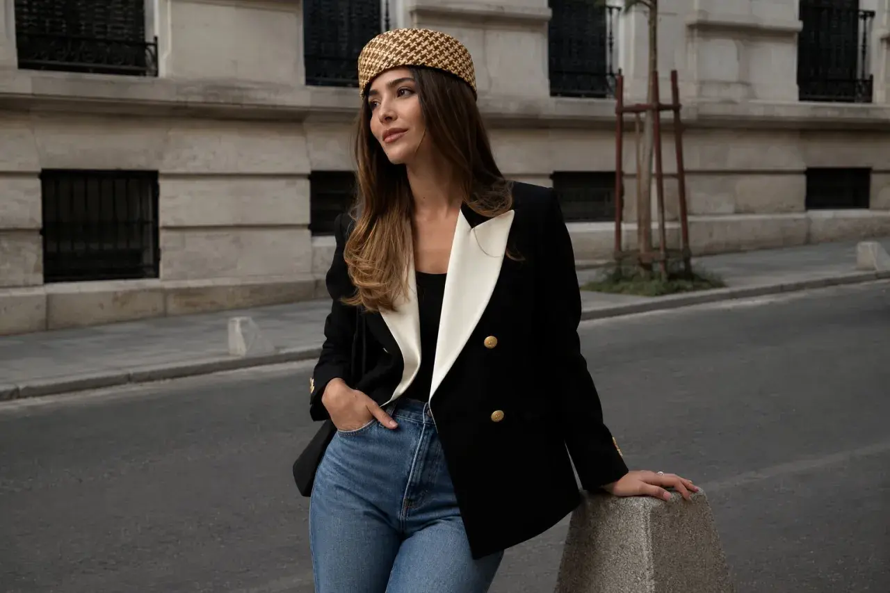 Mujer con un elegante bléiser negro y blanco, jeans y sombrero a cuadros, apoyada en un poste de concreto en la calle.