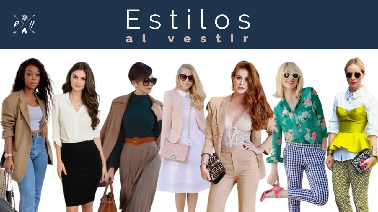 Ocho mujeres muestran diferentes tipos de estilos de vestir, desde casual hasta formal, con trajes y accesorios variados.