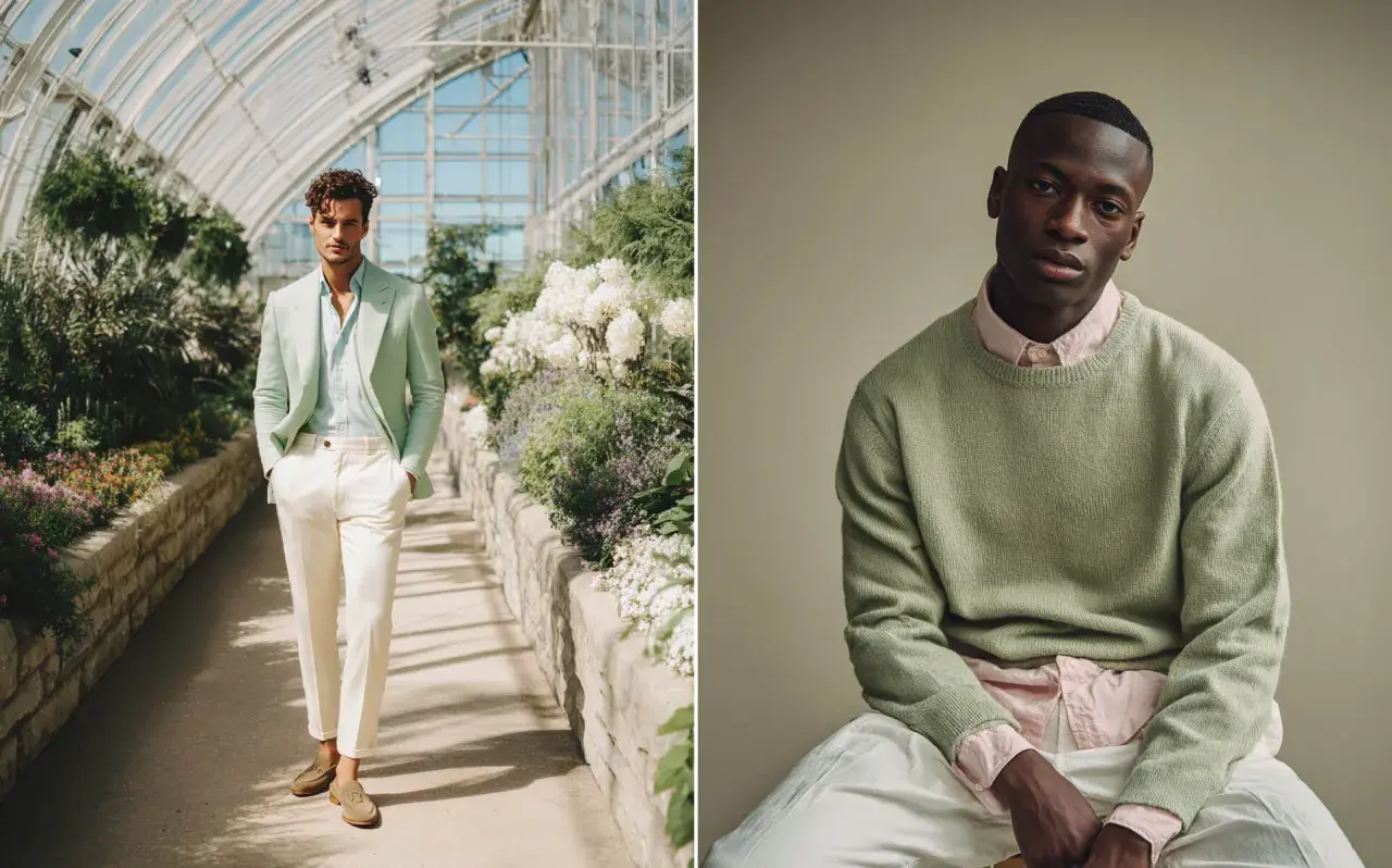 Un hombre con traje verde claro y pantalones crema, y otro con suéter verde claro y camisa rosa. Descubre que colores combinan con el verde claro.
