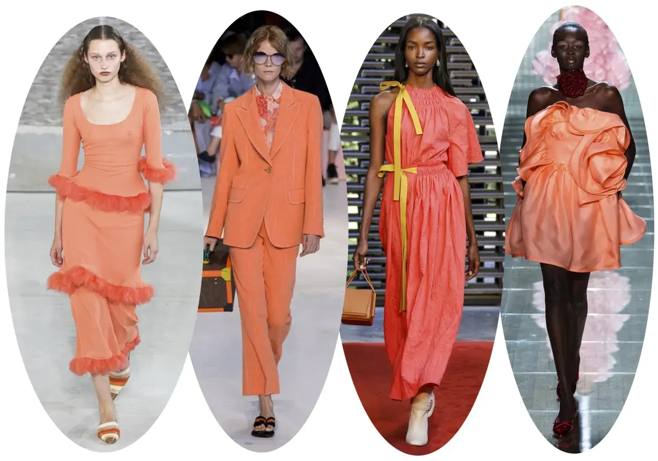 Modelos desfilan con atuendos en color coral oscuro, desde vestidos vaporosos hasta trajes elegantes, mostrando la versatilidad de este tono vibrante.