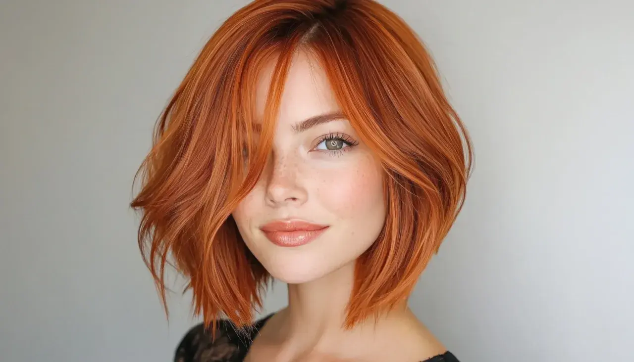 Mujer con cabello cobrizo y corte bob ondulado, ideal para cortes de pelo para dar volumen al pelo fino.